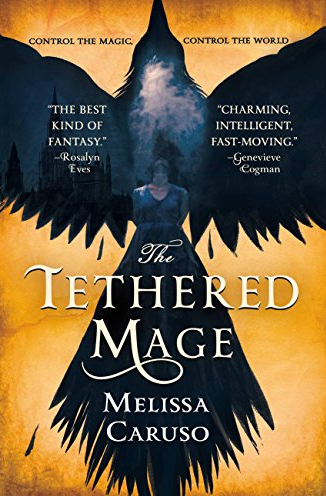 The book cover for The Tethered Mage by Melissa Caruso. Features an outline of a bird with its
                        wings and body spread across the page, the shape of it filled by blue and the ghostly image of a woman
                        with her head thrown back.